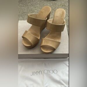 Jimmy Choo Beige Patent Wedge Sandals- box & bag included!   Size 38.5